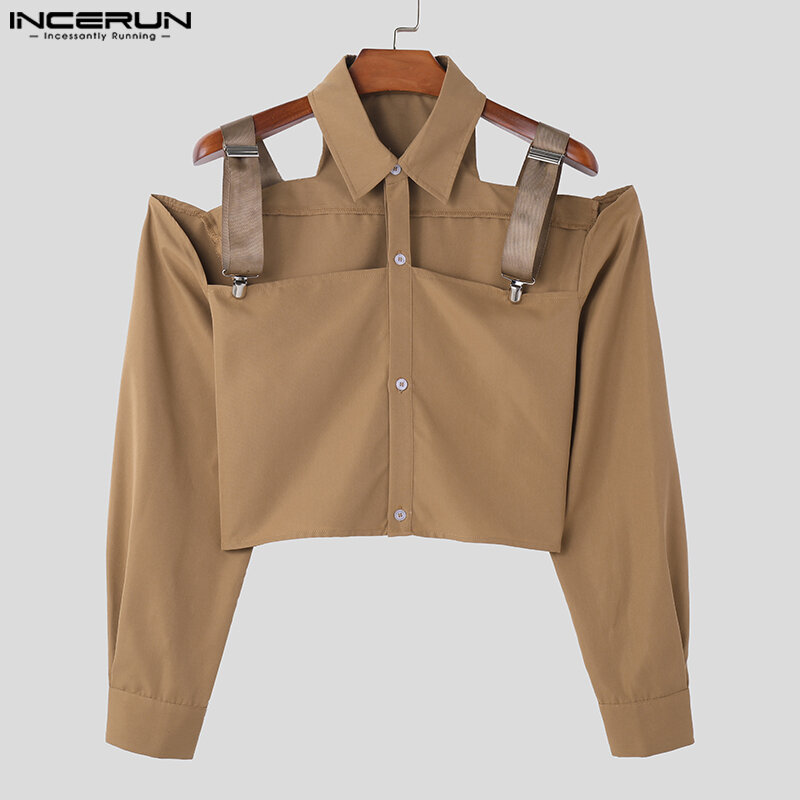 INCERUN-Tops de estilo americano para hombre, camisas recortadas de diseño hueco, Blusa de manga larga Lisa informal a la moda, S-5XL, 2024