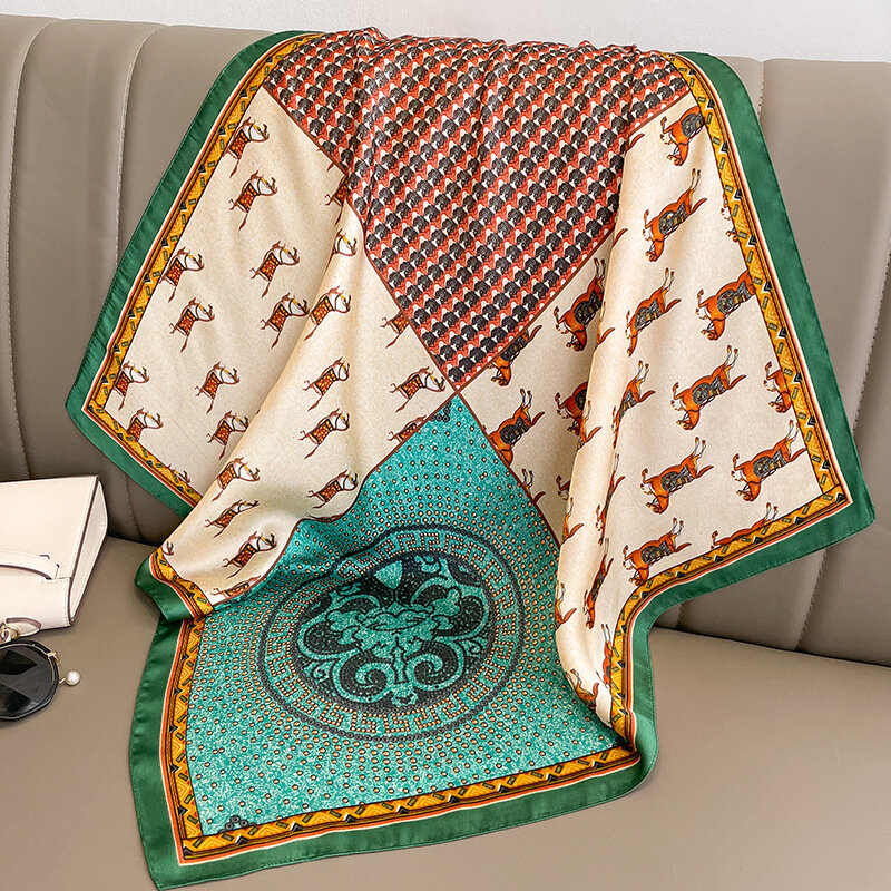 Pañuelo cuadrado de seda para mujer, bandana de satén suave de lujo con estampado de caballo, pañuelo para la cabeza, Hijab, diadema, bolso, corbatas, regalo