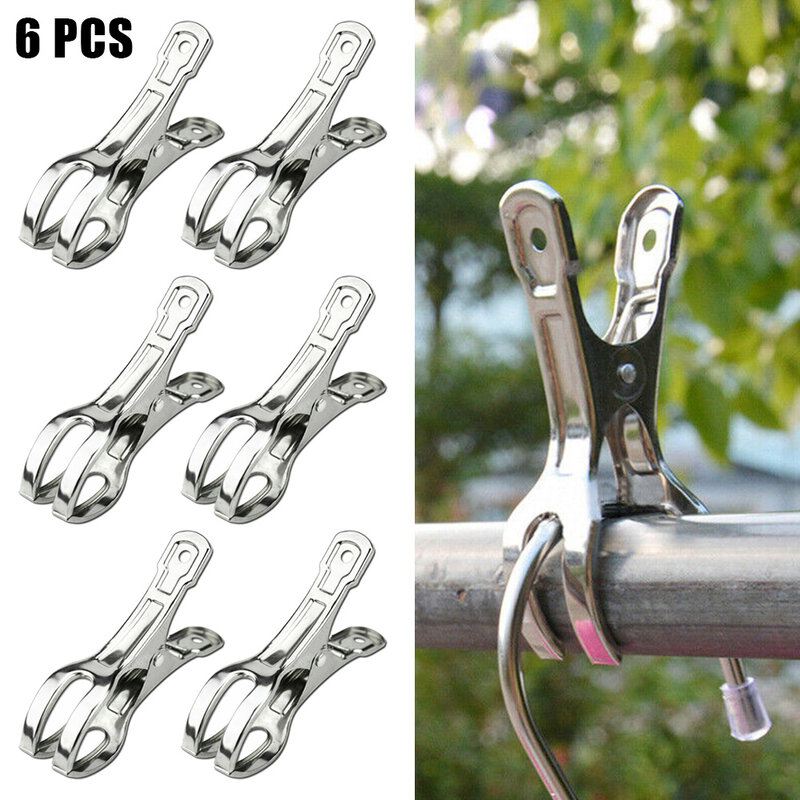 6Pcs Stainless Steel Clip Cloth Clip 9CM Heavy Duty Large Beach Towel Clips Metal Hanging Clips For Clothes Towels Clothespin