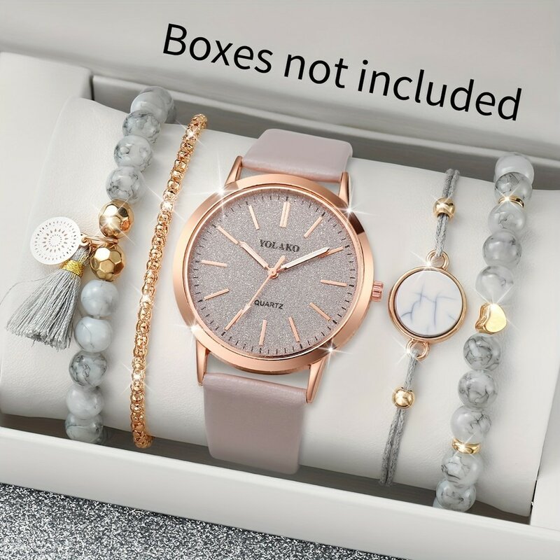 5PCS Ladies Roman Digital Quartz Watch Large Dial Full Sky Star Women's Watches Bracelet Set Birthday Gift No Box