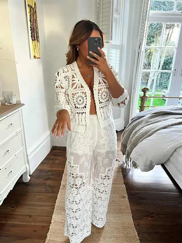 Elegant Lace Hollow Out Pants Sets For Women Sexy Long Sleeves Button Cardigan New In Matching Sets Female Chic Beach Outfits