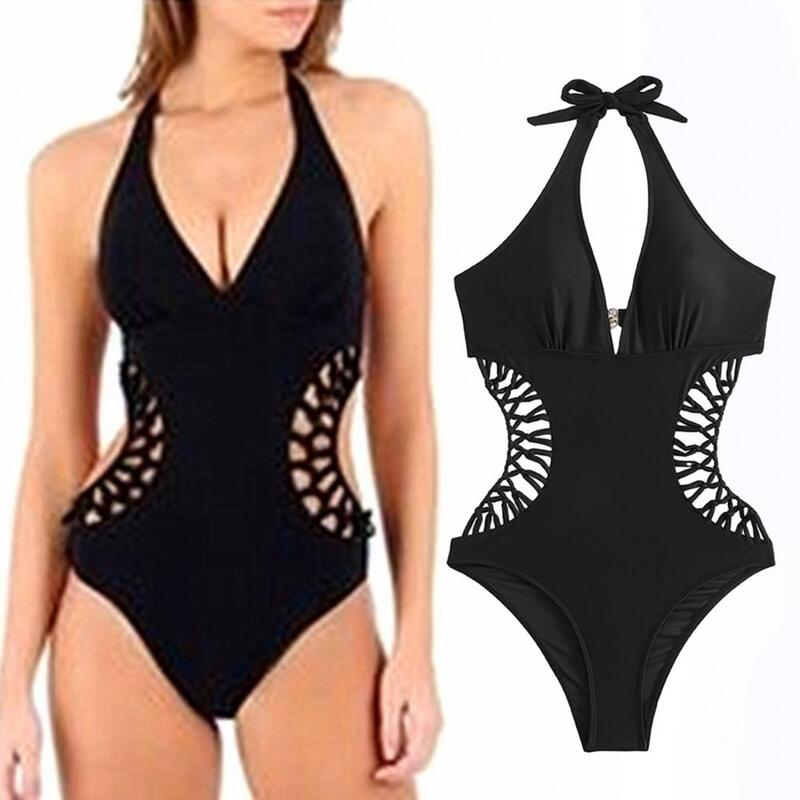 One-piece Swimsuit Stylish Women's Beach Monokini with Braided Detailing High Waist Backless Halter Neck Swimsuit for Vacation
