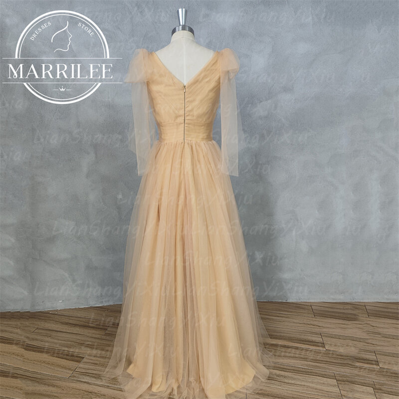 Marrilee-Vestido amarelo decote V para noiva, fita de baile, boné de manga curta, foto, vestido de noiva, varredura personalizada