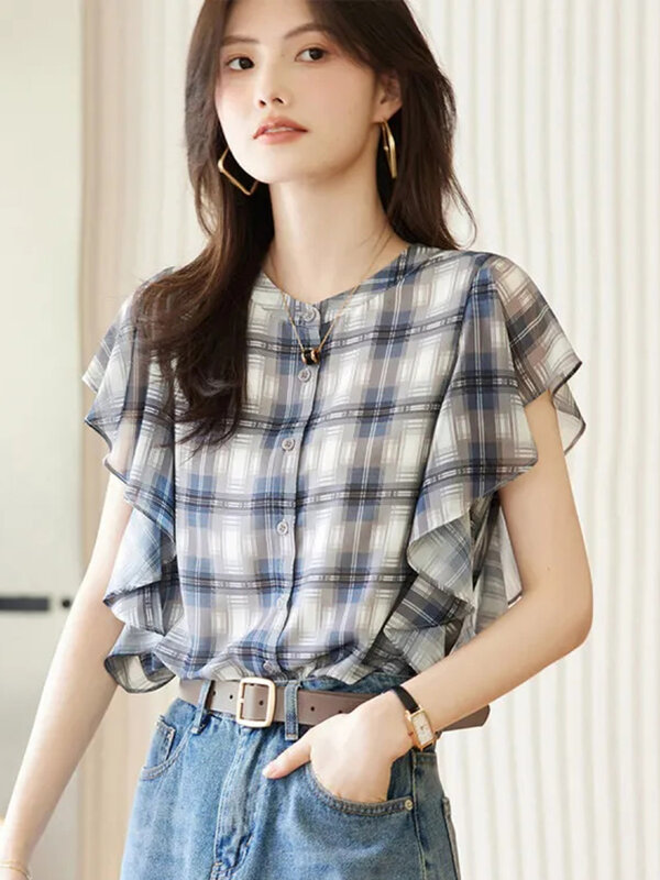Элегантная женская шифоновая рубашка Zoki с оборками, милая Повседневная Блузка с рукавом-бабочкой, корейские простые женские винтажные топы с круглым вырезом