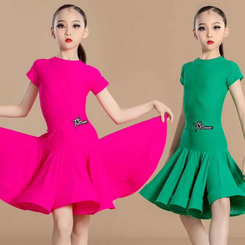 Vestido de dança latina fluorescente para meninas, saias divididas de manga curta, chacha, rumba, tango, roupa de dança latina, DN17902, 2024