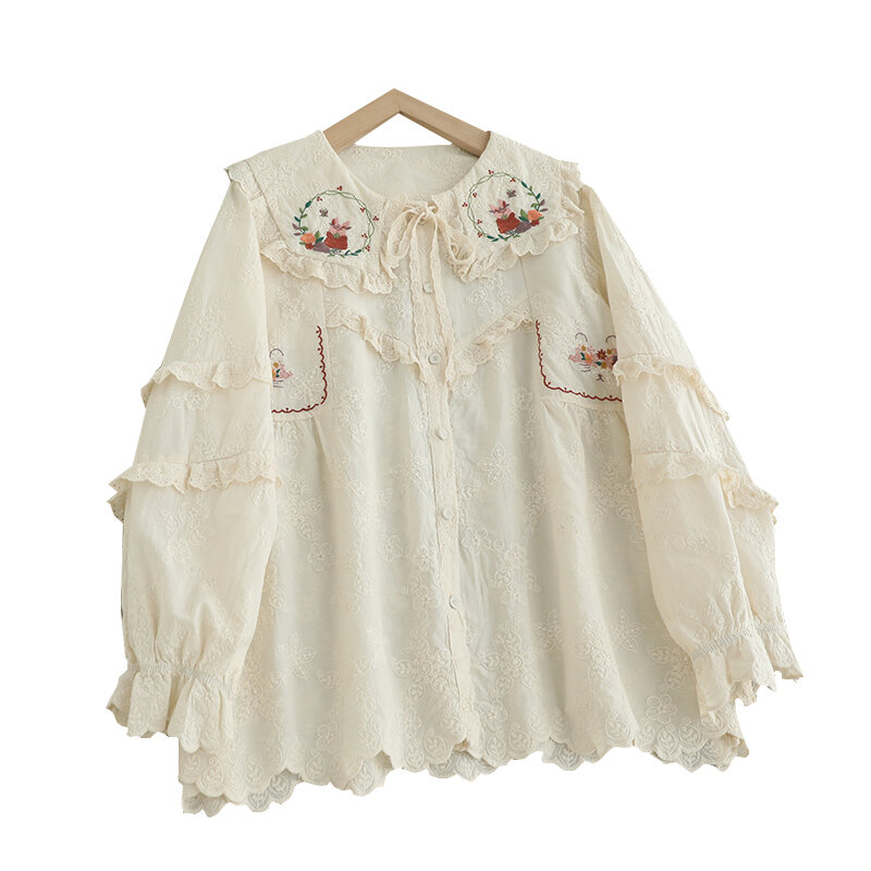 Camisa bordada com colarinho Peter Pan para mulheres, tops casuais, manga comprida, peito único, doce, primavera, 824-638
