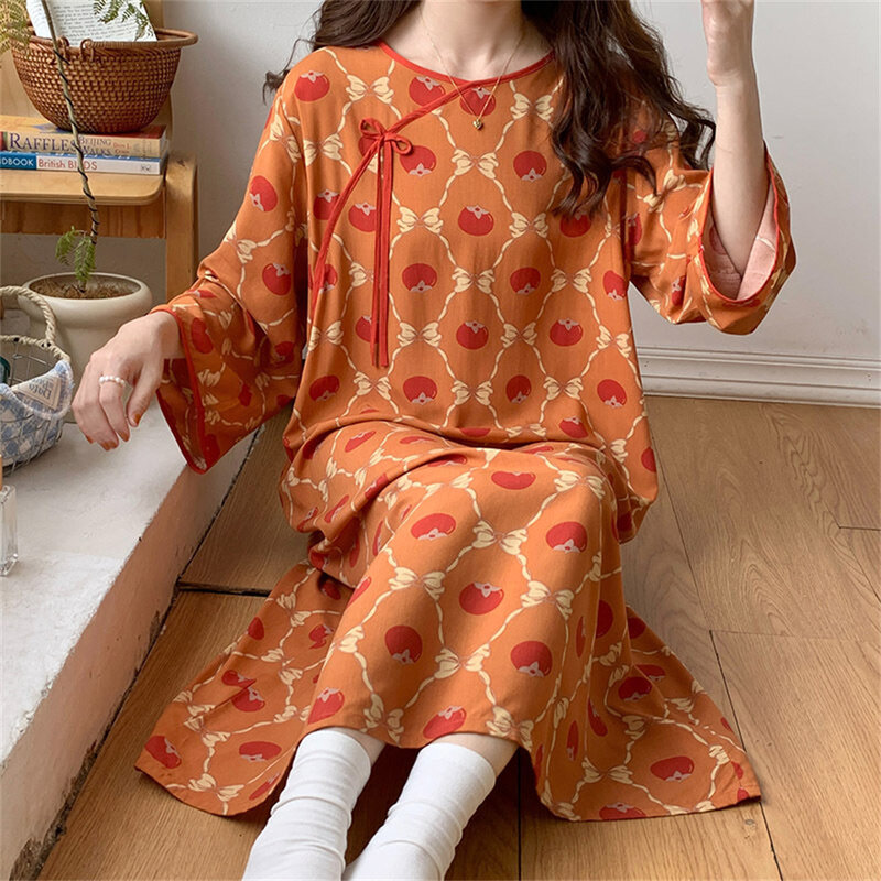 Damen lose Nachthemd Frauen Sommer Langarm Nachthemd chinesischen Stil Druck Nachtwäsche große Größe atmungsaktive Homewear Kleid