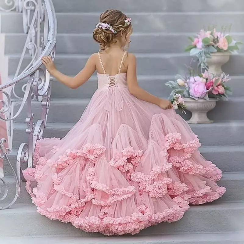 Różowe sukienki dla dziewczynek tiulowe bufiaste wielowarstwowe kwiaty z kokardą bez rękawów na wesele urodziny suknie do pierwszej komunii