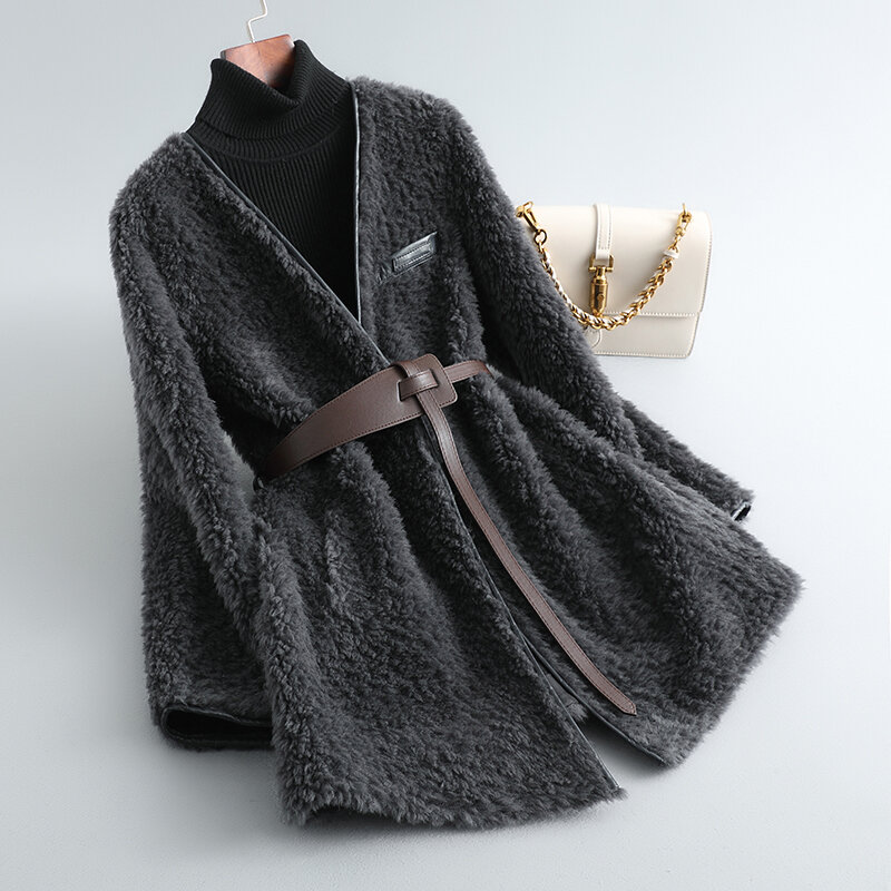 Женское Свободное пальто из овечьей шерсти, с V-образным вырезом, теплая куртка из натуральной овечьей шерсти, O558, зимний сезон 2023