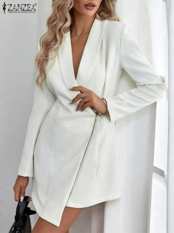 ZANZEA Mini abito manica lunga donna 2023 autunno moda colletto con risvolto aymmetric Zipper Vestidos eleganti abiti Blazer dimagranti