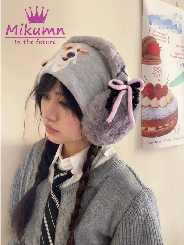 Mikolumn Harajuku Y2k słodkie słodkie pluszana kokardka ocieplacze do uszu dla dziewczynek zimowe ciepłe nauszniki składane ochrona przed zimnem osłona uszu