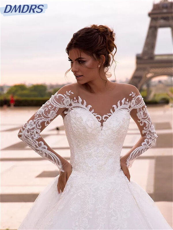 Gaun pernikahan lengan panjang romantis 2024 gaun pengantin tanpa tali menawan applique gaun panjang lantai Vestidos De Novia