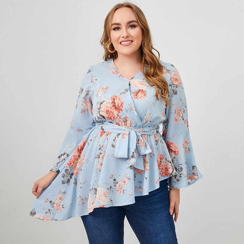 ROKEN-Blusa de muselina de talla grande para mujer, blusa femenina elegante con cuello en V, estampado de flores europeas y americanas para verano