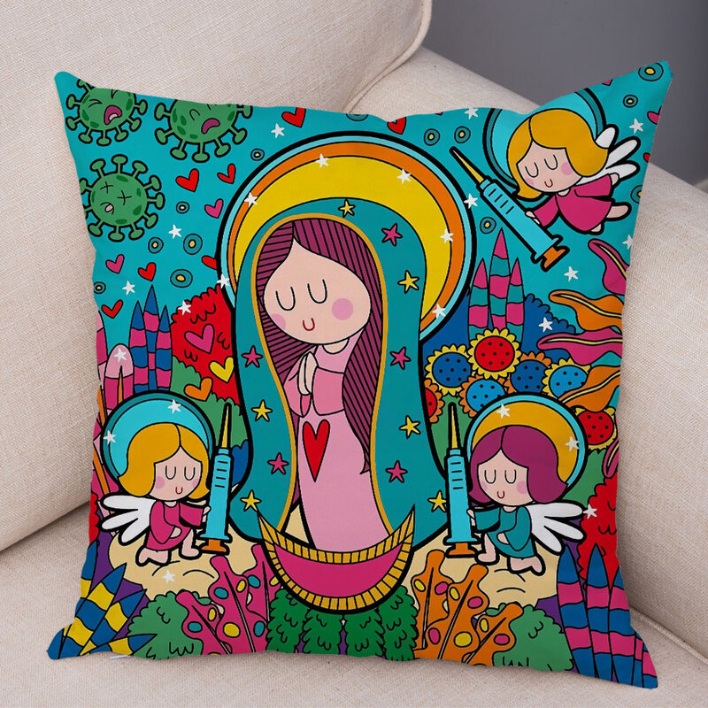 Funda de almohada de arte de la Virgen María, decoración Kawaii de dibujos animados para niños, funda de cojín para sofá, hogar, Coche