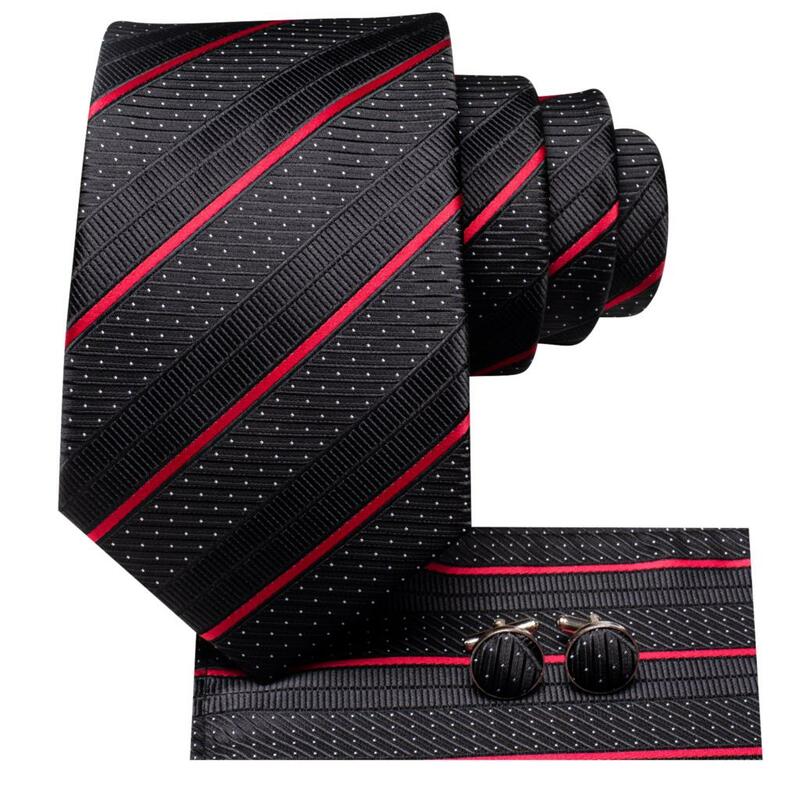 Hi-Tie-corbata de seda Jacquard para hombre, mancuernas elegantes a rayas negras y rojas, mancuernas de boda, negocios, diseñador de moda