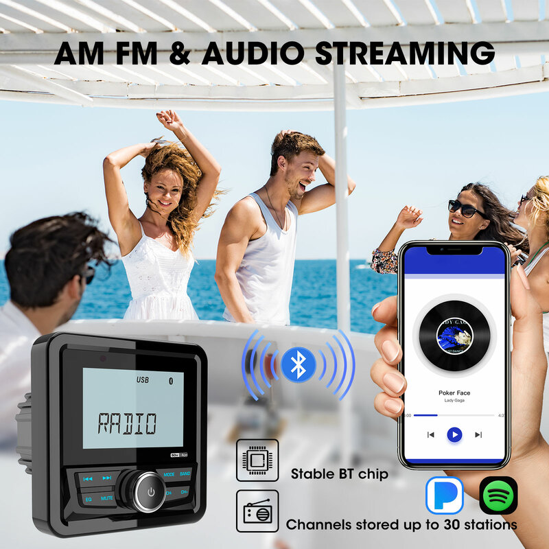 GRANDnavi Marine Radio Boat Stereo Bluetooth FM AM Digital Media Audio Player Waterproof For Yacht ATV UTV Golf Cart Motorcycle