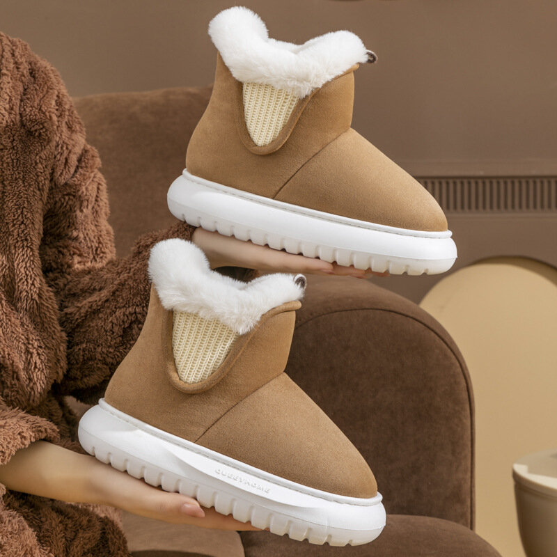 Mao Kou-zapatos de algodón de gamuza para mujer, calzado cálido de felpa con tacón envolvente, suela gruesa, Zapatillas altas de algodón, nuevo tipo de botas de nieve, Invierno