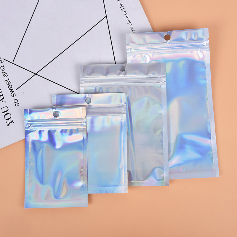 ถุงซิปล็อคสีรุ้ง10ชิ้นถุงเก็บของบรรจุภัณฑ์พลาสติกสำหรับเครื่องสำอางโฮโลแกรมด้วยเลเซอร์