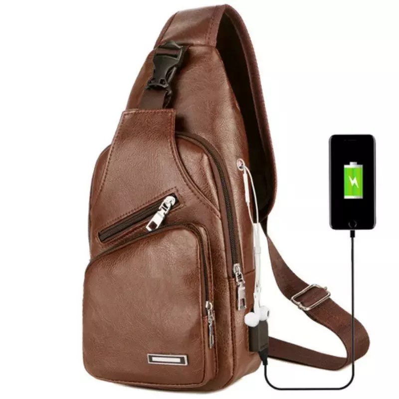 USB شحن حقيبة الصدر مع ثقب سماعة الرأس ، حزام واحد متعدد الوظائف للرجال ، حقيبة الصدر المضادة للسرقة مع حزام الكتف قابل للتعديل