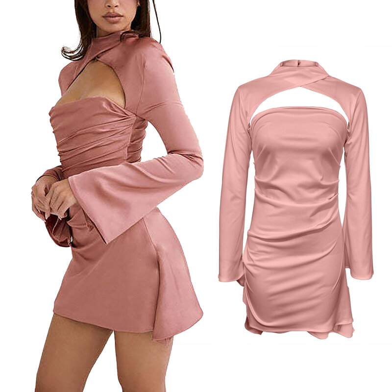 Fall Dresses For Women 2024 Sexy Pure Color Long Flared Sleeve Cut Out Mini Sundress Elegant Party Dresses For Women Vestidos