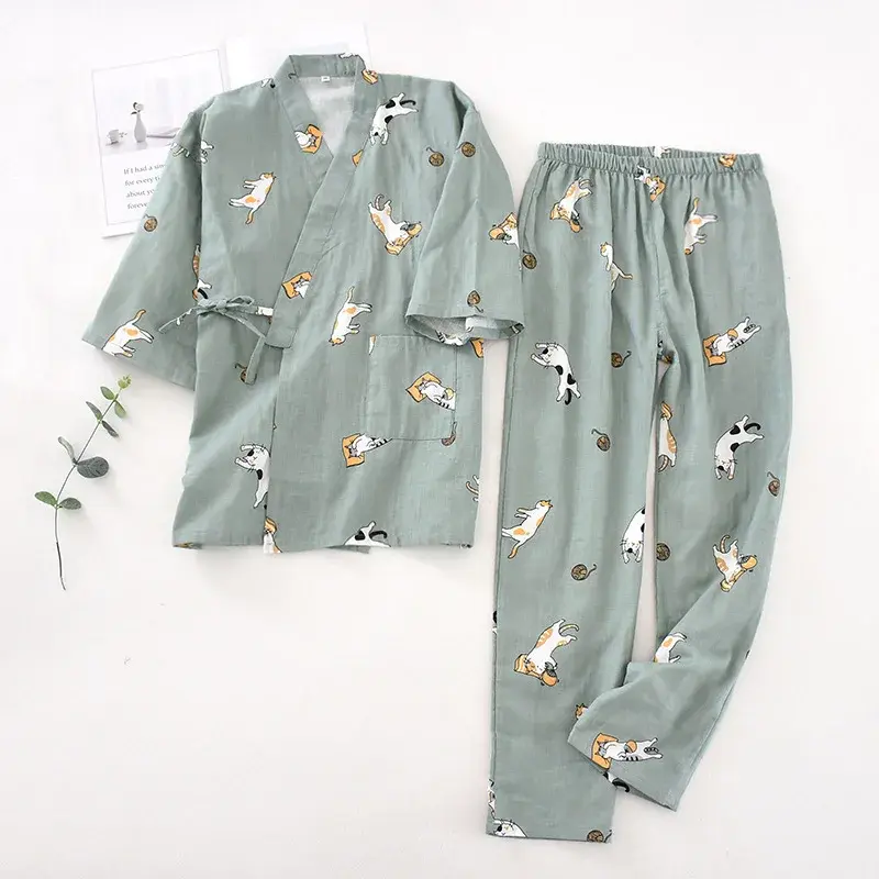 일본 스타일 기모노 여성 잠옷 세트, 얇은 거즈 7 분 소매, 귀여운 커플 잠옷 홈웨어, 용수철 및 가을 면