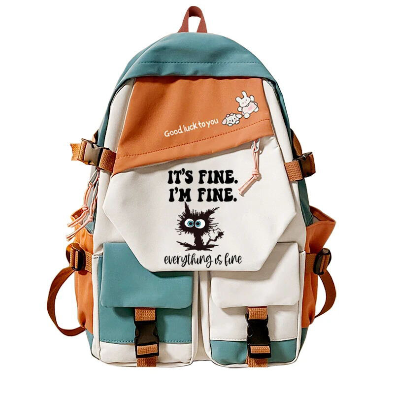 Cute Cat Backpack Everything Is Fine Bookbag Fashion School Bag for Boys Girls Mochila Students Rucksuck