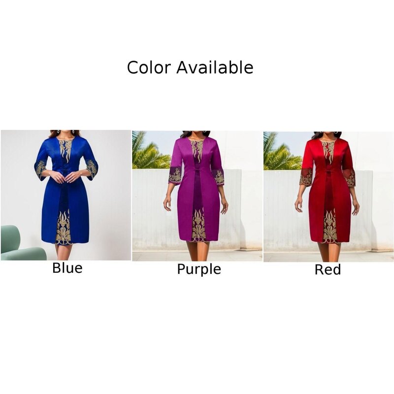 Women\'s Lace Splicing Dress Retro Printed Design Slim Fit Three quarter Sleeve Elegant Plate Buckle Decoration Short Length