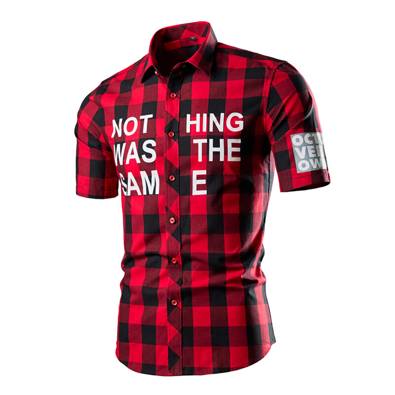 Camisa informal a cuadros multicolor para hombre, camisa de manga corta con estampado de letras, abotonada de algodón, novedad de verano