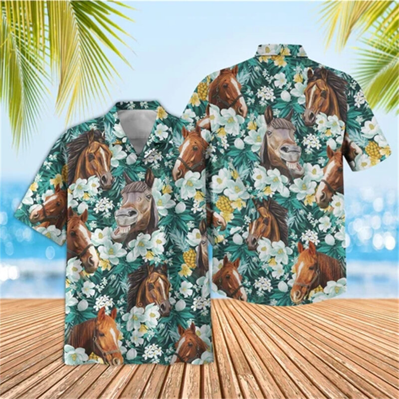 Kemeja pantai motif hewan lucu sapi 3D untuk pria blus kerah Beruang lengan pendek pakaian atasan kancing anak laki-laki Hawaii