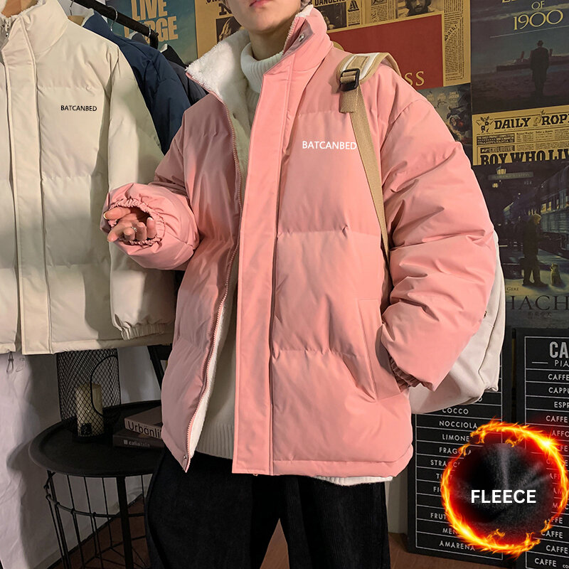 Hybskr Fleece Thicken Letter Graphic Men Winter Coat Stand Collar Oversize Parkas Korean Style Male Padded Coat Warm Jackets