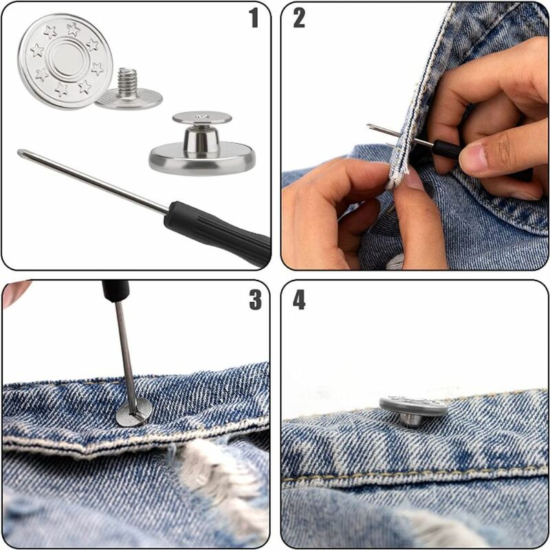 10 buah/pak kancing Jeans bebas kuku dengan obeng aksesori jahit celana pakaian kancing pemanjang pinggang gesper pinggang 17mm