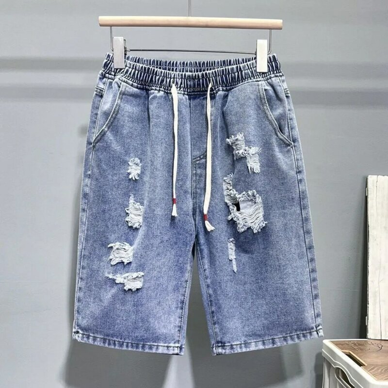 Shorts rasgados de jeans slim fit masculino, jeans casual perfurado, moda coreana, verão
