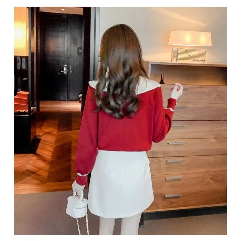 Sweet Peter Pan Collar Knitted Button Bow Beading Blouses Women's Clothing Autumn Winter Loose Korean Tops All-match Shirts N298