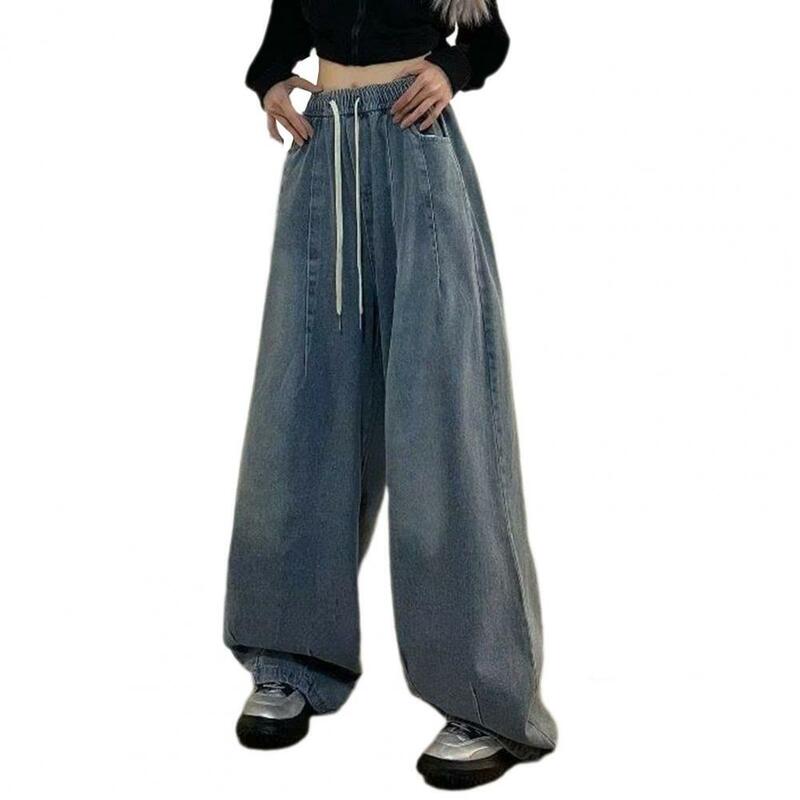 Elastic Waist Trousers Vintage Wide Leg Denim Jeans with Elastic Waist Deep Crotch Pockets Women's Streetwear Fashion for Hip