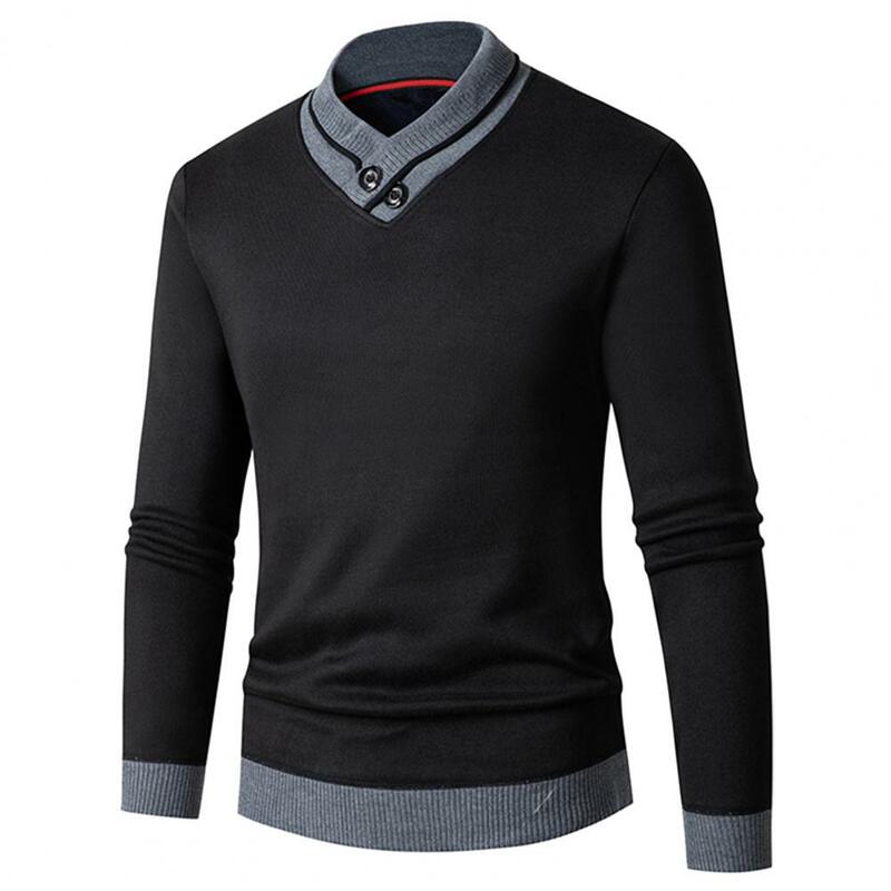 Sweater Slim Fit leher V pria, Sweater rajut tebal hangat elastis Slim Fit Pullover warna kontras panjang sedang untuk musim gugur