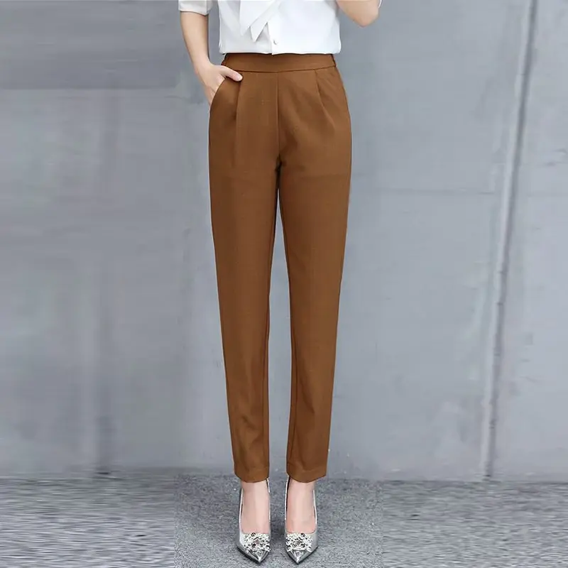 Podstawowe jednolity kolor elastyczny pas Harem spodnie kobiety Casual wiosenna spodnie do kostek duży rozmiar koreański Slim spodnie robocze kobiet