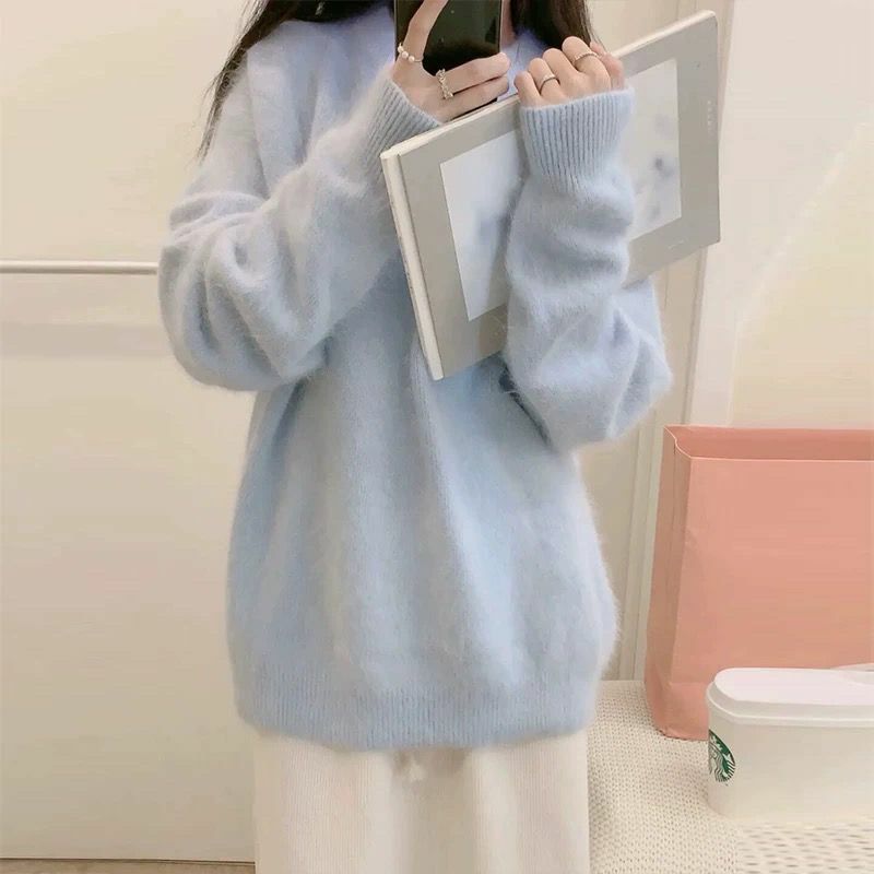 Женский свитер, осенне-зимняя теплая трикотажная одежда с круглым вырезом, Корейская Повседневная Однотонная рубашка, модные вязаные пуловеры, свитер Z48