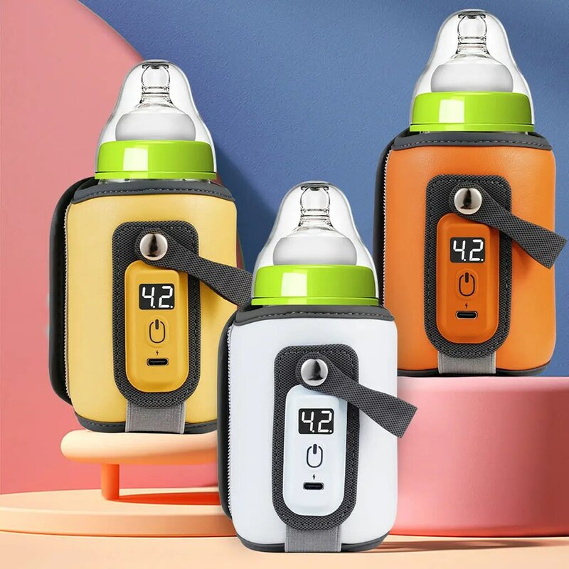 Calentador de botellas de PU Premium, calefacción USB portátil, pantalla LCD, temperatura ajustable, 5 niveles, naranja