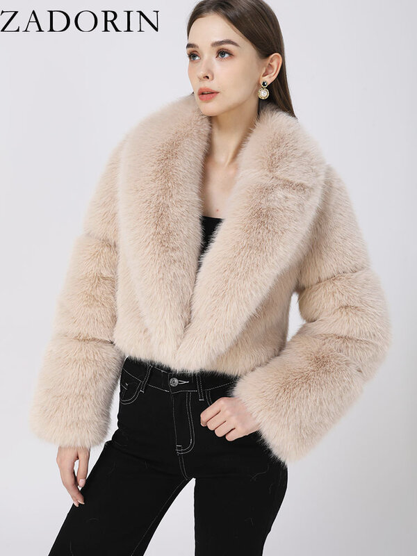 Adorin luksusowy projektant odzież damska przycięte czarne płaszcz ze sztucznego futra kobiety z długim rękawem puszyste kurtka ze sztucznego futra futra na zimę
