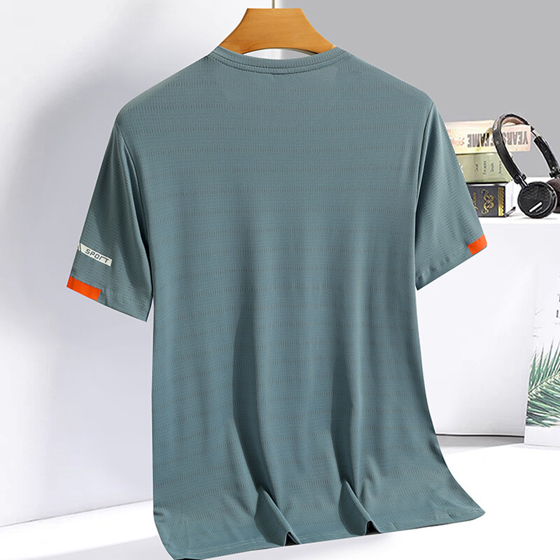 เสื้อยืดผ้าไอซ์ซิลค์สำหรับผู้ชายฤดูร้อนเสื้อสเวตเชิ้ตคอกลมเรียบง่าย Baju fitnes วิ่งระบายอากาศได้ดีบางแห้งเร็ว