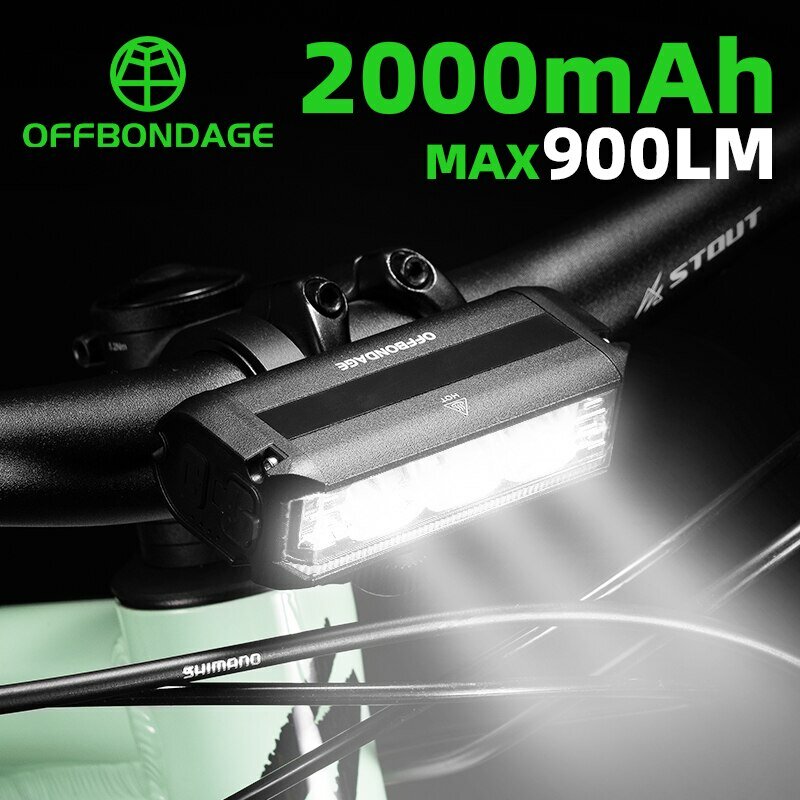 OffBONDAGE-Luz Frontal de Bicicleta, MTB Estrada Ciclismo Lâmpada, Lanterna Impermeável, Carregamento USB, 900Lumen, 2000mAh