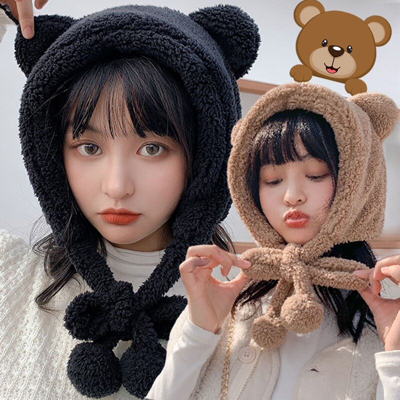 Cute Bear Ear Beanies Hat Women Earmuffs Cap Fleece Crochet Bonnet Solid Color Hood Beanies Fuzzy Winter Thick Warm Scarf Caps