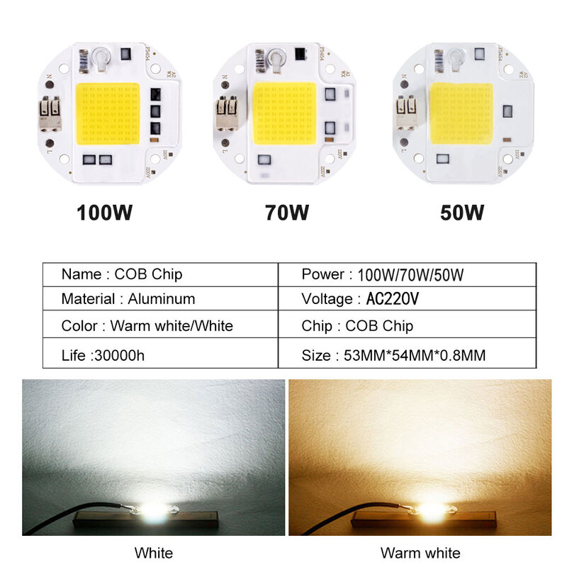 신형 COB LED 칩, 스포트라이트 투광 조명용 용접 프리 다이오드, 드라이버 불필요, 식물 조명, 50W, 70W, 100W, 220V