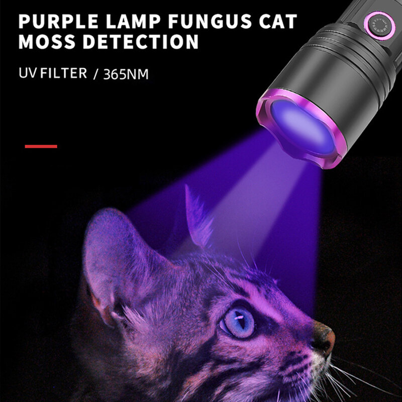 Senter lampu ungu 10W 365nm, lampu senter LED kuat detektor neon kuat isi ulang daya, lampu ungu