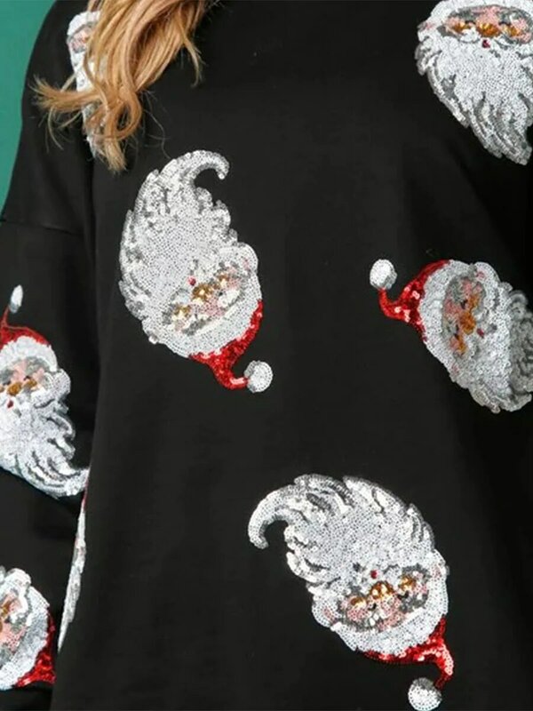 Women s Crewneck Sweatshirt Santa Claus Gingerbread Man Sequins Printed Christmas Sweatshirt