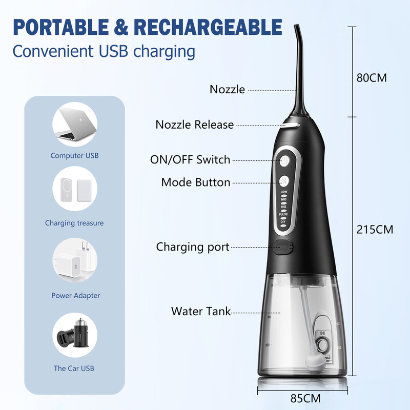 Irygator doustny USB akumulator Flosser irygator wodny przenośny strumień wody pod ciśnieniem dentystycznego 300ML zbiornik na wodę wodoodporny środek do czyszczenia zębów na pielęgnacja jamy ustnej