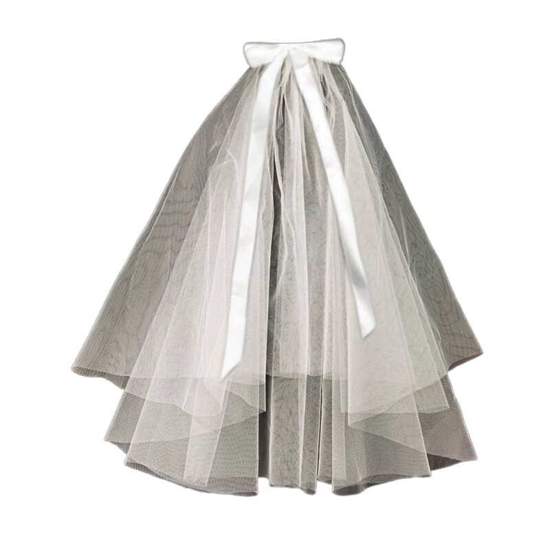 Kerudung pengantin wanita, kain Tule pernikahan putih krem hitam tepi pita elegan Aksesori pengantin perempuan pendek dengan dekorasi pita kupu-kupu