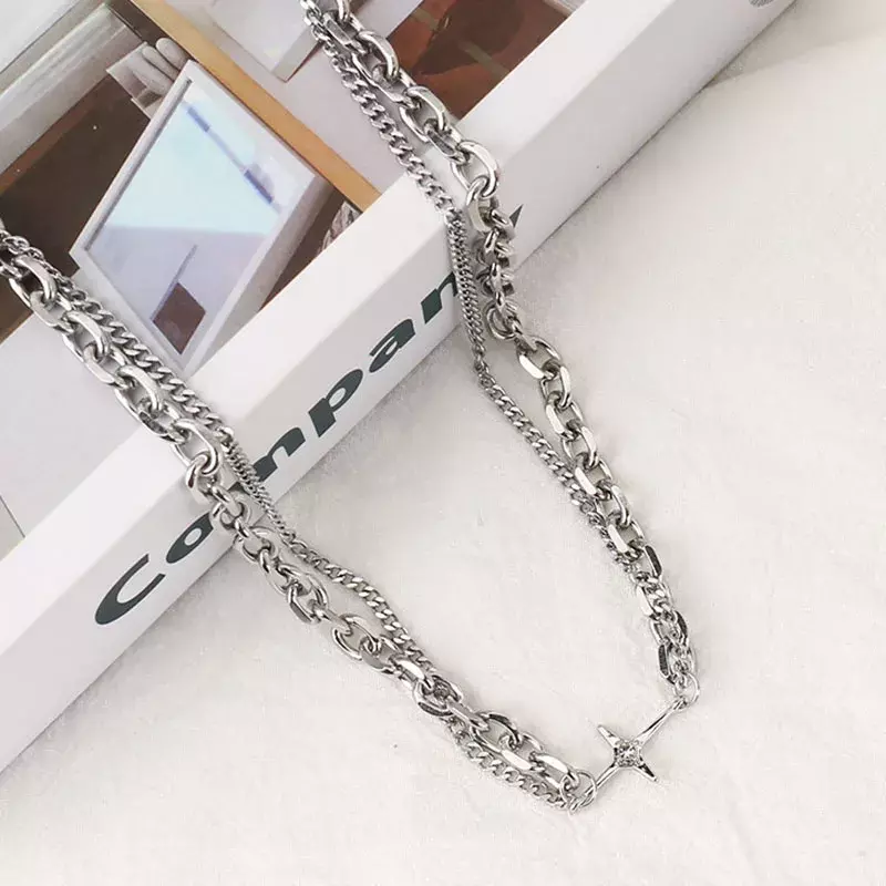 Hip Hop Stainless Steel Cross Necklace for Women Men Punk Double Layer Splicing Chain Necklaces Charm Trend Neck Jewelry Choker