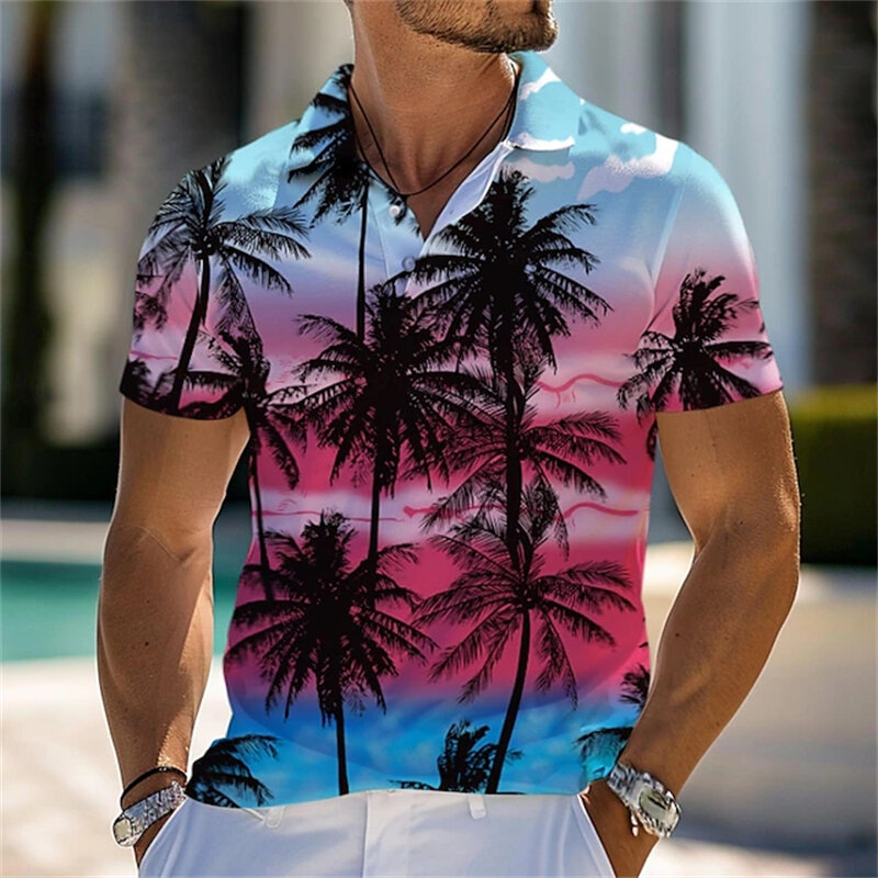 Palm Tree Men's Resort Hawaiian 3D Print Polo Shirt Holiday Vacation Beach Short Sleeve Tops Hawaii Breathable Tees Clothes