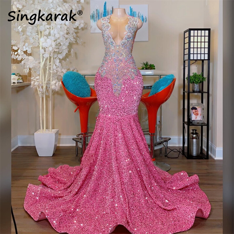 Gaun Prom putri duyung berlian merah muda berkilau seksi gaun pesta wisuda berlian imitasi kristal leher tipis 2023 gaun Formal De Bal